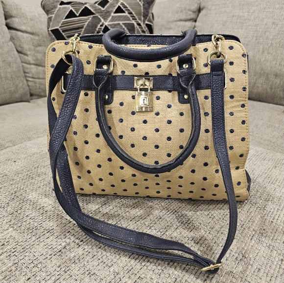Handbags - Tan & navy satchel top handle adjustable crossbody versatile purse bag